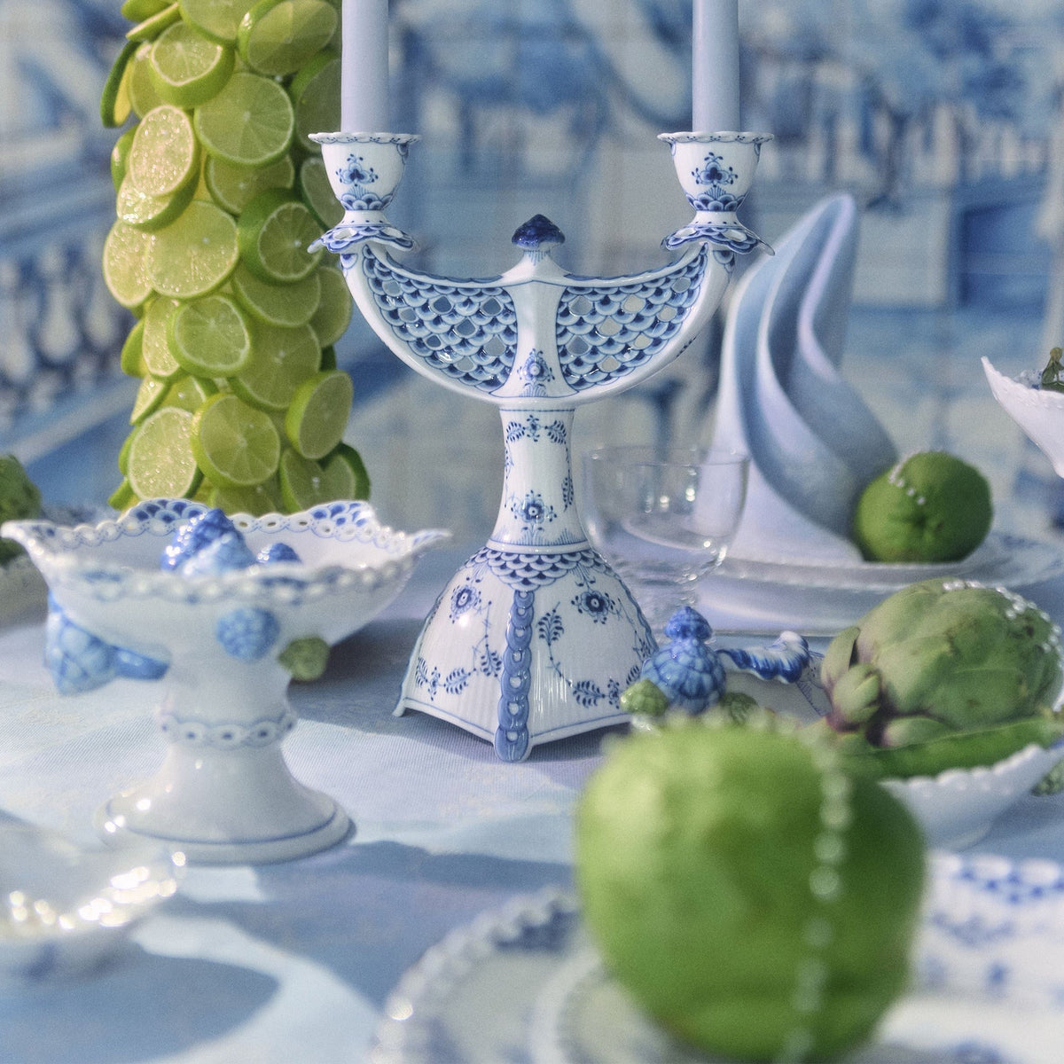 Blue Fluted Full Lace Candelabra, 25.5 cm - US 5303